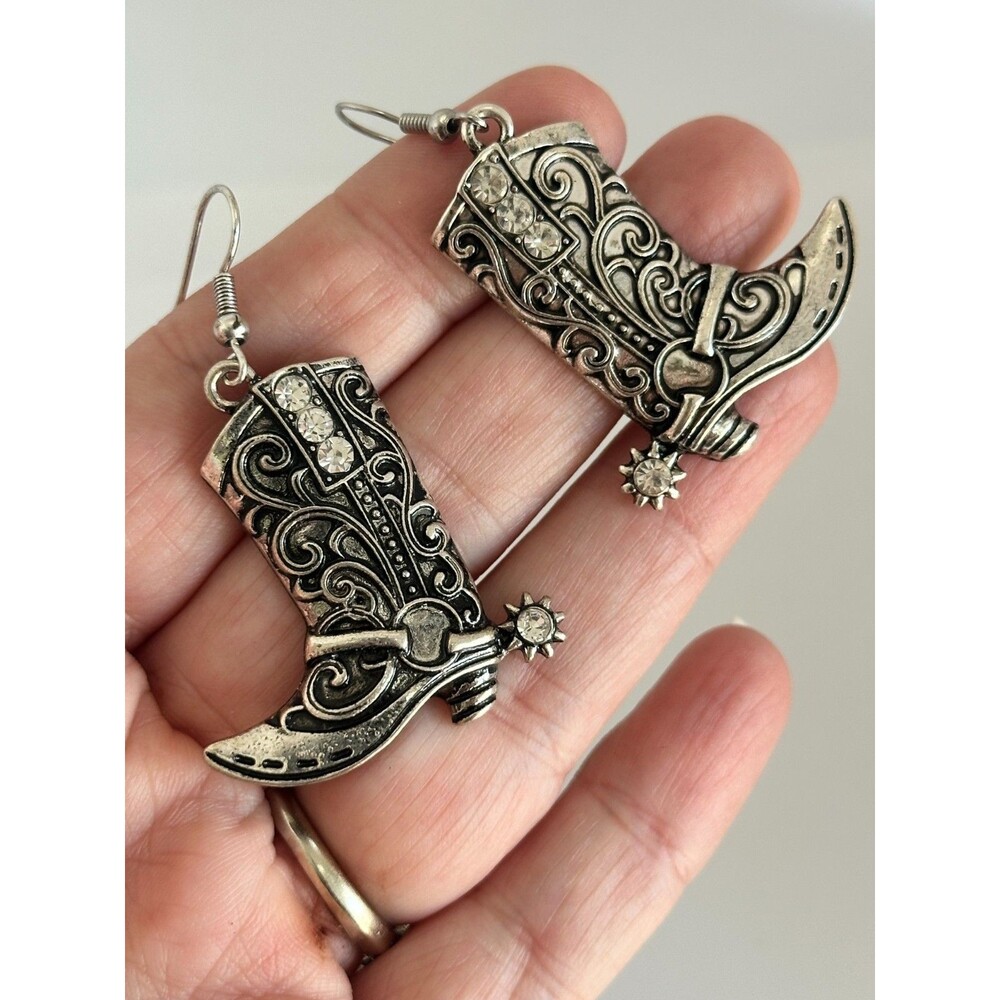 Western Cowboy Boot Scrollwork Crystal Embellished Dangle Fish Hook Earrings
